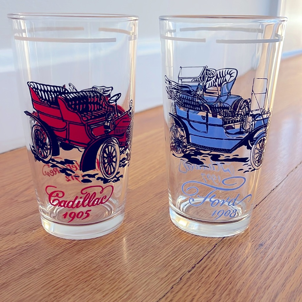 Vintage Hazel Atlas Antique Cars Glasses - Ford/Maxwell/Cadillac/Studebaker